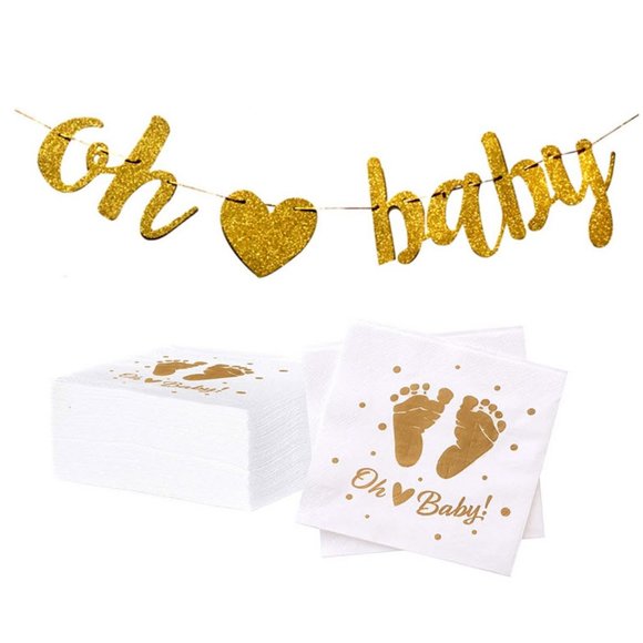Oh Baby Gold Sparkly baby shower napkins & banner - Picture 1 of 4